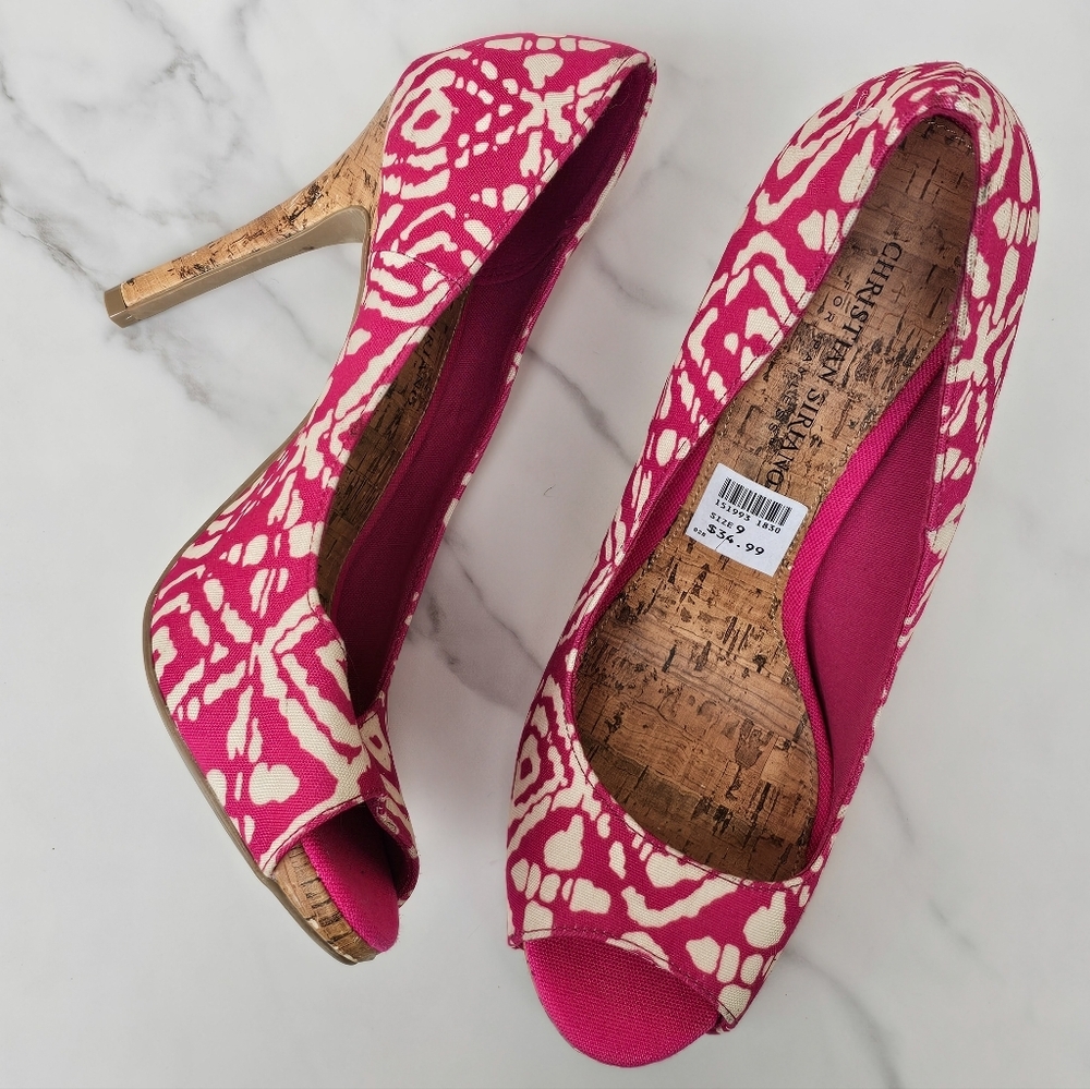 Christian Siriano Pink and Cream Peep Toe Cork Heels Size 9